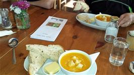 Excellent soup at the Avon Mill café, Loddiswell